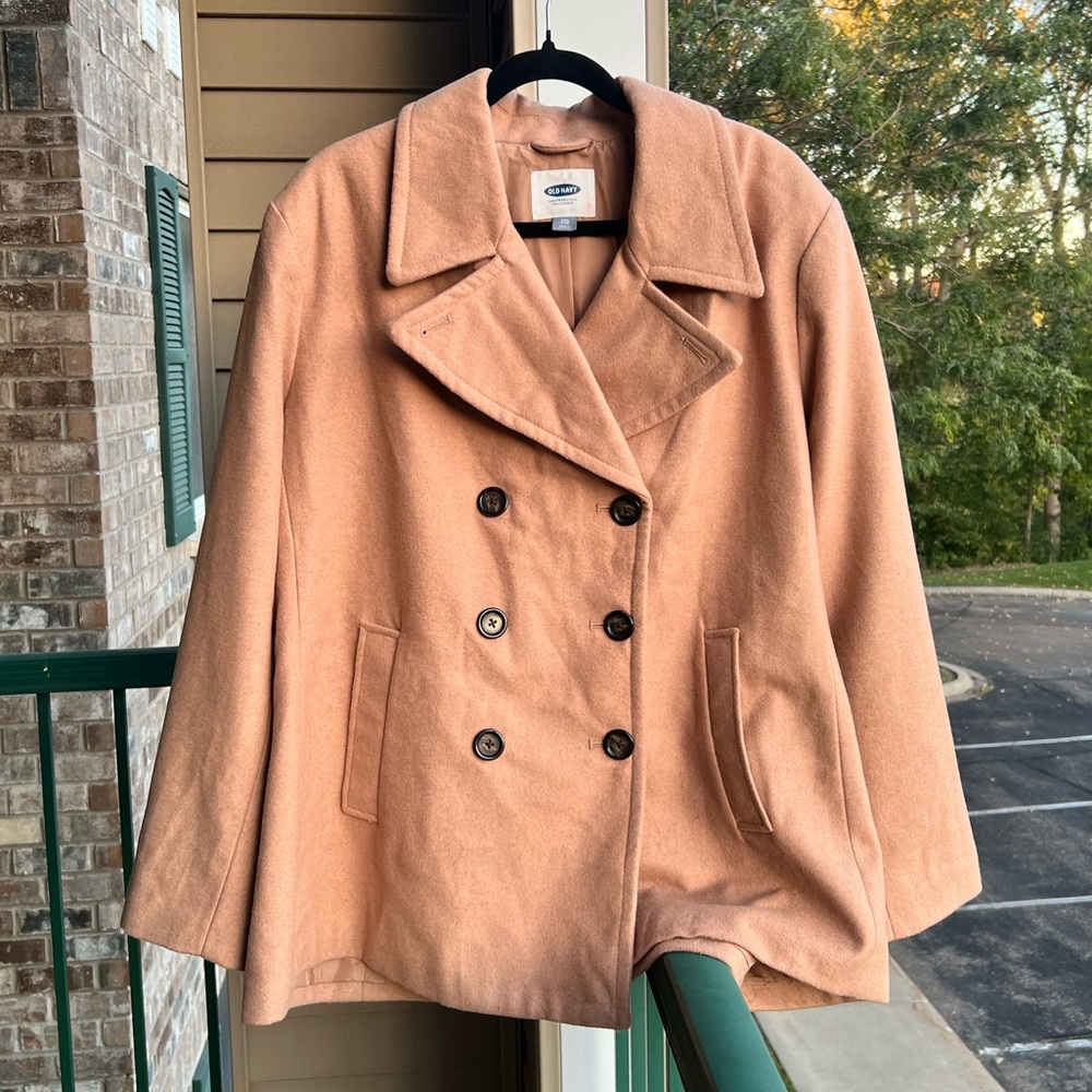 π Old Navy Camel Double-Breasted Peacoat Jacket XXL Classic Warm Wool Blend Coat - Picture 2 of 15